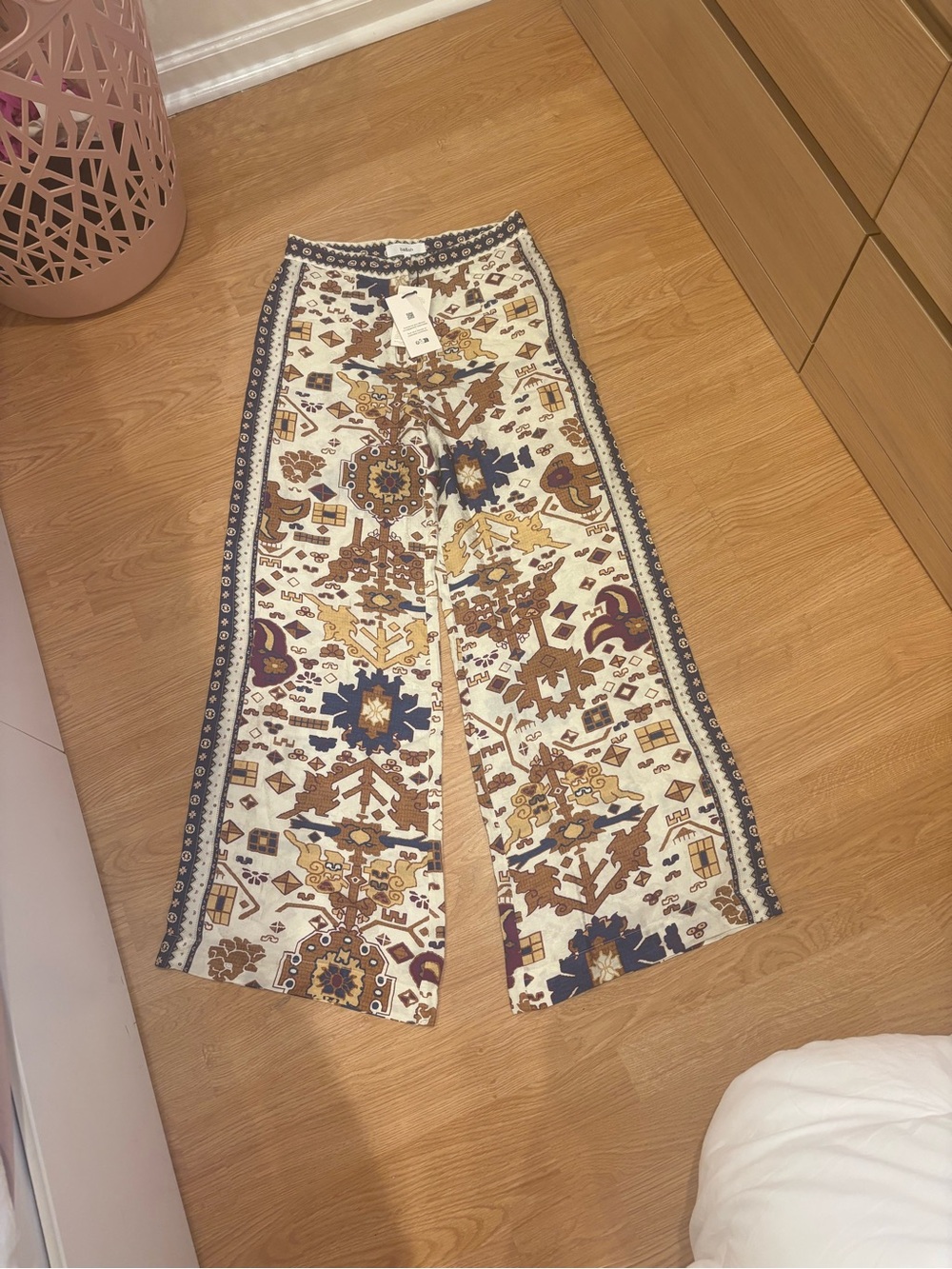 ba&sh Printed Boho Wide-Leg Pants in Cream, Brown and Navy